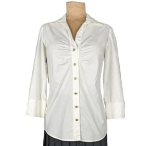 Dana Buchman Sz 4 White 3/4 Sleeve Button-Down Blouse w/ Ruching Gold Buttons - Picture 1 of 13