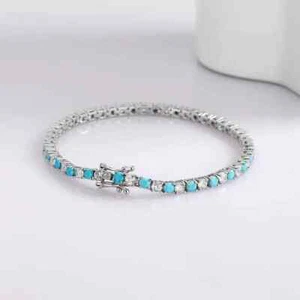 925 Silver 6.50 Ct Round Cut Lab Created Turquoise Moissanite Tennis Bracelet 7" - Picture 1 of 6