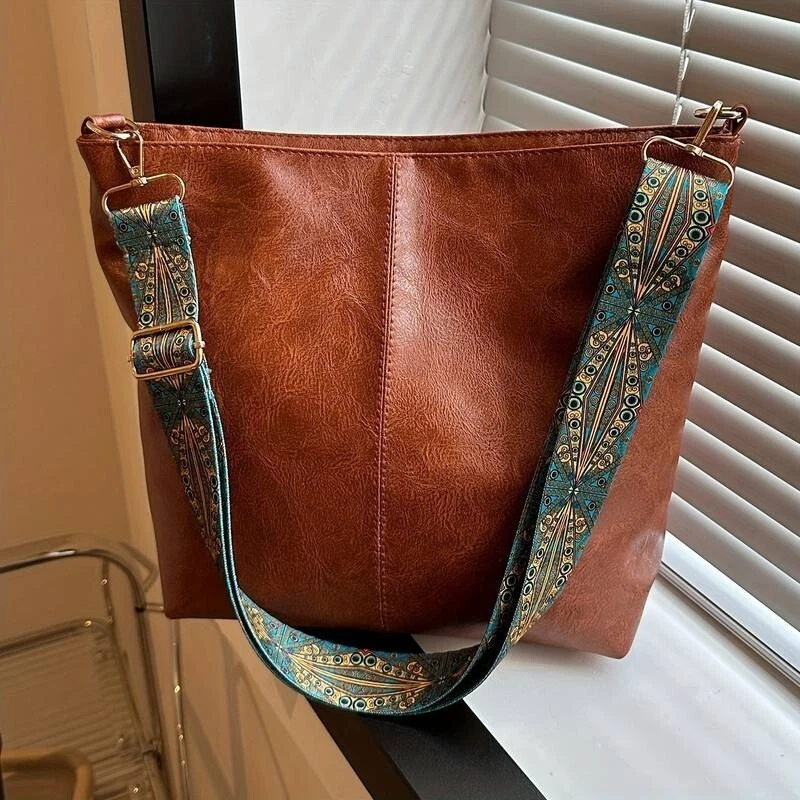 Women's Medium Brown PU Leather Minimalist Shoulder Handbag Ethnic Strap Retro - Image 1 of 4