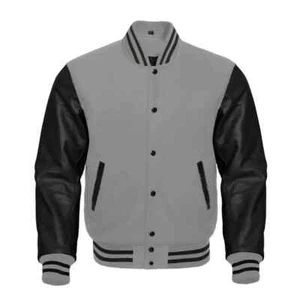 Men Varsity Letterman Jackets College Baseball Wool Genuine Leather Jacket Black - Picture 1 of 3