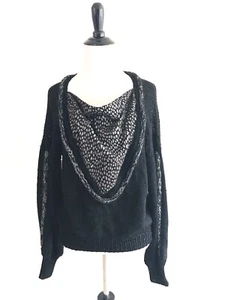 Cache schwarzer dicker Strickpullover Pullover Damen Größe L Bischofsärmel Stretch Ripp - Bild 1 von 11