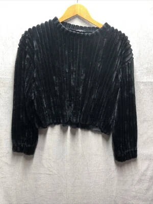Iris Women's Pullover Fur Top Size Large Crop Long Sleeve Black Velour Stripes - Image 1 of 4