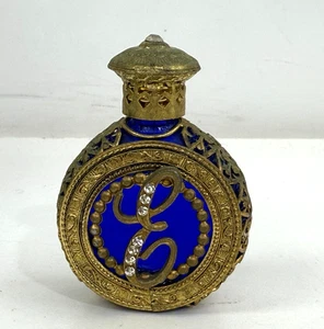 Vintage Czech Cobalt Blue Glass Perfume Bottle - Gold Tone Filigree & Crystal E - Picture 1 of 4
