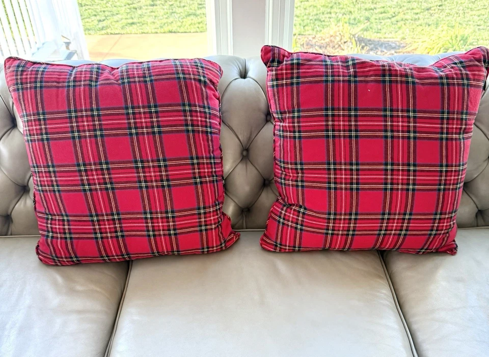 Pier 1  Imports Pillows (2) Christmas plaid Tartan 19"x19" with inserts - Image 1 of 4