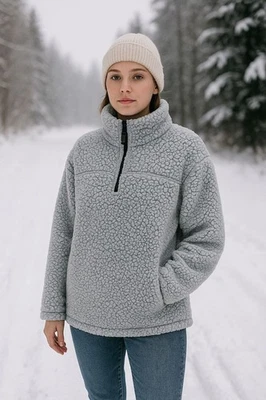 Зеленый чай шерпа флис пуловер XL серый уютный четверть молнии плюшевая куртка ретро Y2K - Изображение 1 из 4