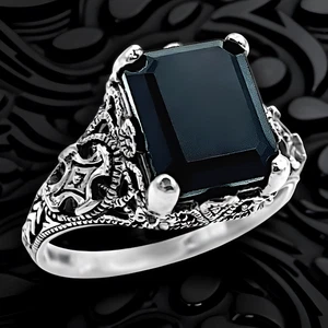 BLACK AGATE ANTIQUE DESIGN 925 SOLID STERLING SILVER RING VINTAGE STYLE #1342 - Picture 1 of 4