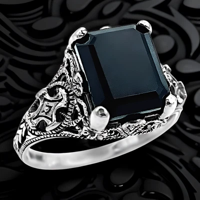 BLACK AGATE ANTIQUE DESIGN 925 SOLID STERLING SILVER RING VINTAGE STYLE  #1342 - Image 1 of 4