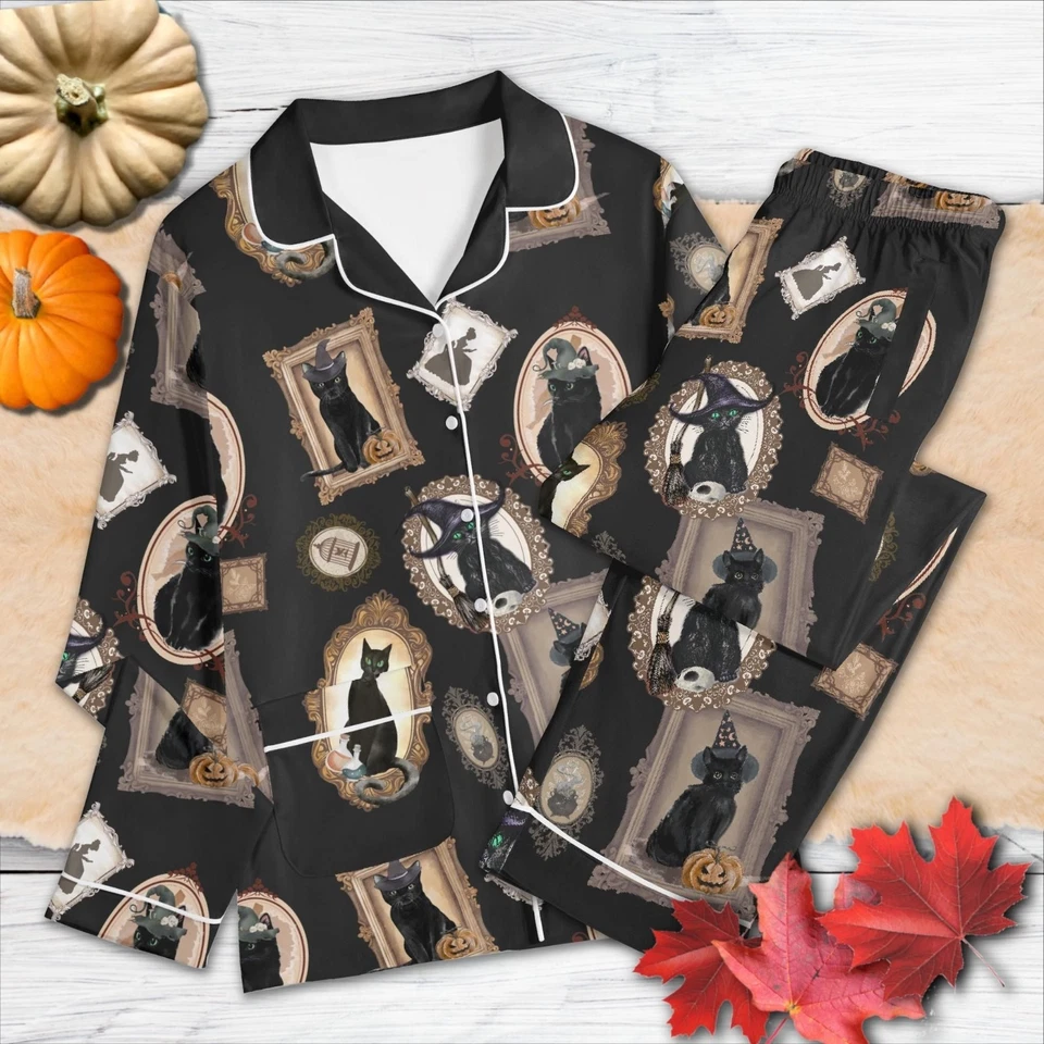 Наборы пижам для черных кошек | Набор пижам для Хэллоуина с кошками в рамке, жуткими котятами - Изображение 1 из 2