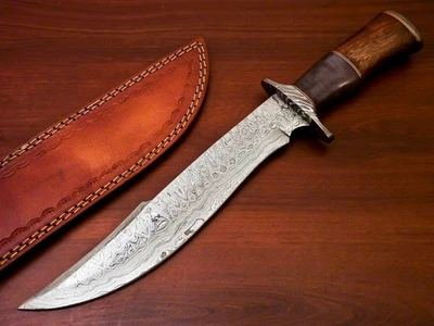 15" Rody Stan Handmade Damascus Steel Camel Bone/Wood Bowie Hunting Knife - Image 1 of 4
