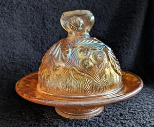 Northwood Marigold Acorn & Burrs Carnival Glass Covered Butter Dish 1900-19c - Picture 1 of 17