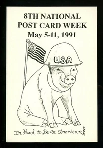 National Postcard Week 1991 American Flag Helmet Pig Sutherland Iowa IA - Picture 1 of 2