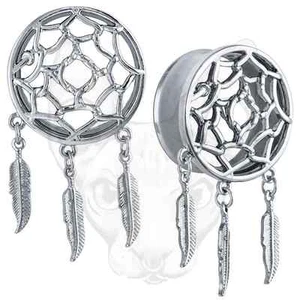 Silver Dreamcatcher Cute Feather Pendant Dangle Dream Catcher Ear Plug Tunnel - Picture 1 of 5