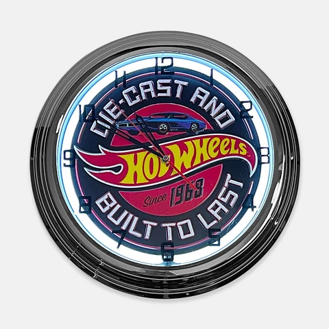 18" Hot Wheels Metal Sign Designed White Neon Clock - SIGNBOX Cover