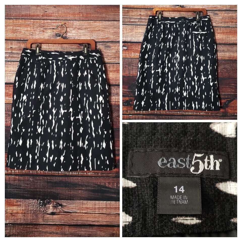 Falda Lápiz East 5th Talla 14 Negra Blanca Estampado Abstracto Algodón Forrada Cremallera Trasera  Foto 1 de 4