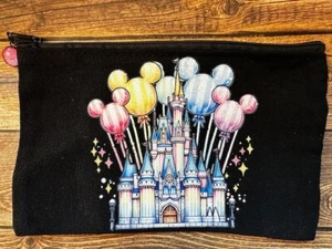 Small Canvas Makeup Accessory Pouch Zipper Portable Black Mickey Balloons Castle - Picture 1 of 1