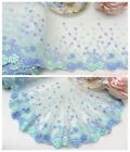 6" 1Y Embroidered Floral Tulle Lace Trim Ivory White Blue Green Rose Whispers 