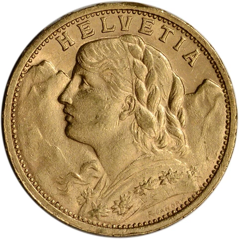 Swiss Gold 20 Francs (.1867 oz) - Helvetia - XF/AU - Pre 1934 - Random Date Cover