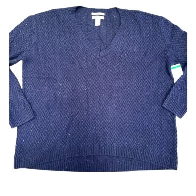 Nordstrom Signature Cashmere V-neck Herringbone Sweater | Womens L, Navy Tweed - Image 1 of 4