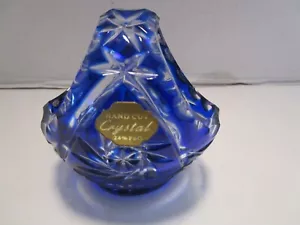 Cesto vintage in vetro blu cobalto boemo tagliato a trasparente cristallo di piombo tagliato a mano - Foto 1 di 12