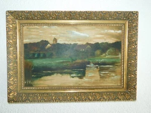 Gemälde  "Stadt mit Kirche und See"! wohl um 1930 mit Stuckrahmen - Bild 1 von 6