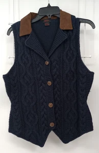 Mujeres Azul Marino Tejido con Cable Lana Suéter Chaleco Abotonado Imitación Gamuza Cuello Talla M - Imagen 1 de 13
