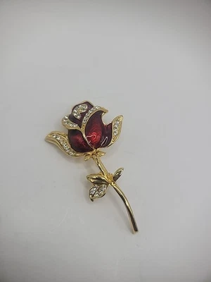 Vintage Brooch Pin Rose Flower Gold Tone Crystals Jewelry Costume - Image 1 of 4