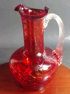 Pilgrim Red Crackle Small Pitcher 4 1/2 Inch 1625 B2 Faint Amberina Glow UV - Picture 1 of 12