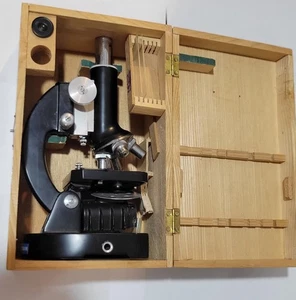 Juego de microscopio Tasco vintage 1200X 40X 60X lentes eléctricas estuche de madera Japón - Imagen 1 de 8