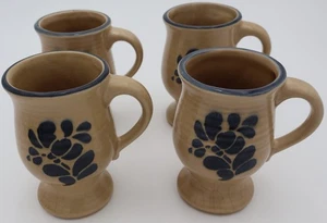 Pfaltzgraff Folk Art Salt Glaze Pedestal Mugs Set of 4, Cobalt, USA, 5" Crazing - Picture 1 of 22