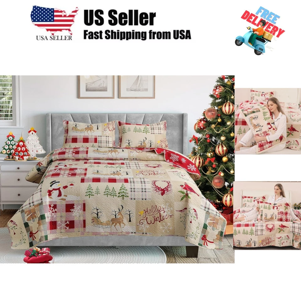 Juego de edredón de Navidad tamaño king 3 piezas colcha reversible de Navidad para nieve... Foto 1 de 4
