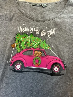 Para mujeres Talla XL Árbol de Navidad Perros VW Bug Wreath Camisa Top Manga 3/4 46” Pecho Foto 1 de 4