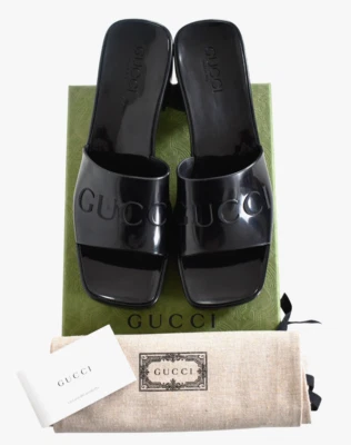 🆕️GUCCI LOGO Black RUBBER HEELED SLIDES Sandals Women's Shoes EU-39 US-9 - Image 1 of 4