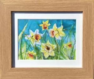 Daffodils Picture Oak Framed Blue Yellow Floral Gift Wall Art Print A5 - Picture 1 of 9