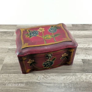 Große rote Blumen handbemalte Holztruhe/Schmuck/Schmuckkästchen 13x6,5x9 Zoll - Bild 1 von 6