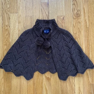 Poncho para niñas Gap Capa Marrón/Dorado Metálico Brillante Pom Corbata M Foto 1 de 4