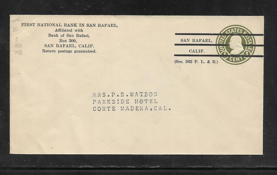 US Precancel Envelope: CA San Rafael - 1a2 E 50 36; Used (First National Bank) - Image 1 of 1