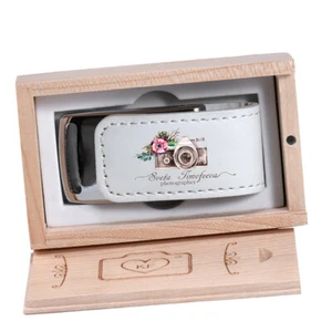 Personalized Custom Photography Logo Leather USB Flash Pen Drive Gift wooden box - Picture 1 of 6