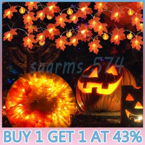 Autumn Maple Leaf Halloween Pumpkin Wreath Home Decor In/Outdoor Fairy Lights - Picture 1 of 16