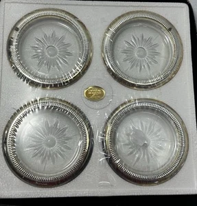 Vintage Leonard Crystal Silver Plate Sunburst Coasters / Ashtray Set of 4 Italy - Picture 1 of 14