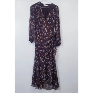 ASTR Maxikleid Blumen V-Ausschnitt Cinched Taille Rüschen Langarm Mehrfarbig - Bild 1 von 12