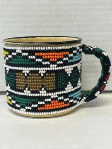 Zulu African Beaded Enamel Tin Cup Mug Tribal Primary Colors - Handmade - Picture 1 of 8