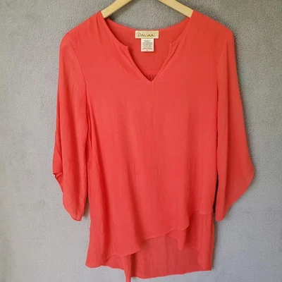 Davina 女式束腰上衣珊瑚 V 领 Lagenlook 波西米亚流畅不对称层 — 第 1/4 张图片