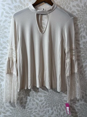 NWT Xhilaration Women’s M Boho Keyhole Lace Long Sleeve Knit Top Beige Ivory - Image 1 of 4
