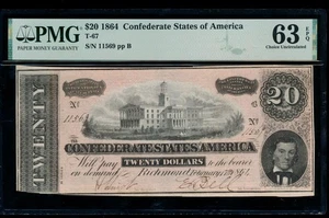 AC T-67 20 $ 1864 Confederate CSA PMG 63 EPQ bankfrisch! - Bild 1 von 2
