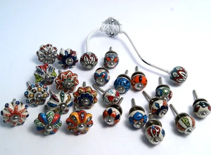 Ceramic Hand Painted Knobs Lot of 22 Drawer Cabinet Pulls & Wall Hook Boho - Picture 1 of 18