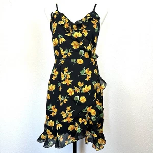 Topshop Wickel-Minikleid Größe US 6 Träger Blumen schwarz & gelb Rüschen neu mit Etikett - Bild 1 von 16
