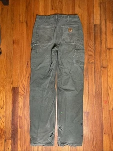 Vtg Carhartt Flannel Lined Carpenter Pants Mens 32x36 MOS Green Canvas Thrashed - Picture 1 of 6