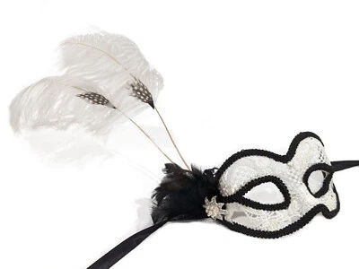 Белая и черная кружевная маска-маскарад для снега — маска для венецианской вечеринки с перьями - Изображение 1 из 4