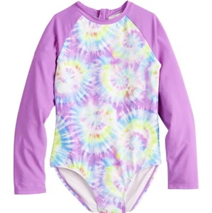 Girls Island Dayz One-Piece Swimsuit Rashguard Purple Tie Dye LONG SLEEVE 4/5 - Picture 1 of 2