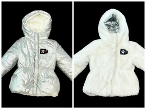 GIRL'S SONIA RYKIEL SILVER METALLIC & WHITE PLUSH FUR HOODED REVERSIBLE JACKET 4 - Picture 1 of 15